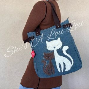 Micom Studded Cats Appliqué Canvas Tote
